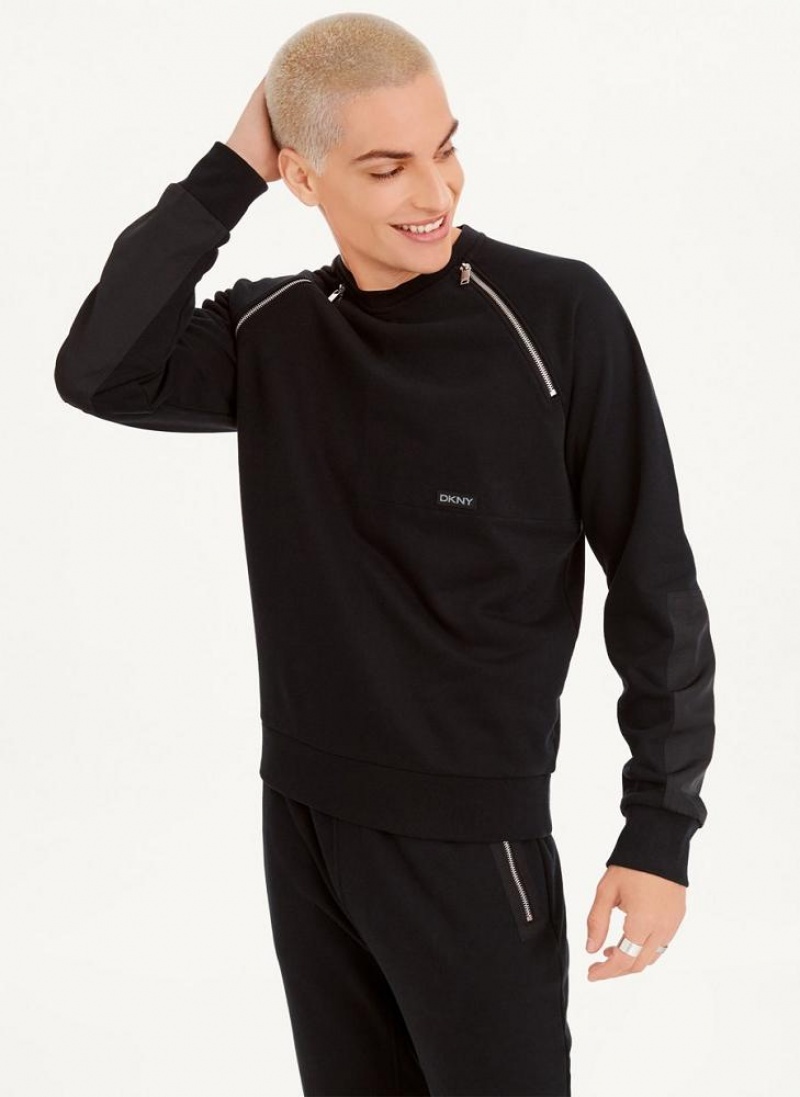 Black DKNY Zipper Detail Crewneck Men's Sweatshirts | USA-D1633