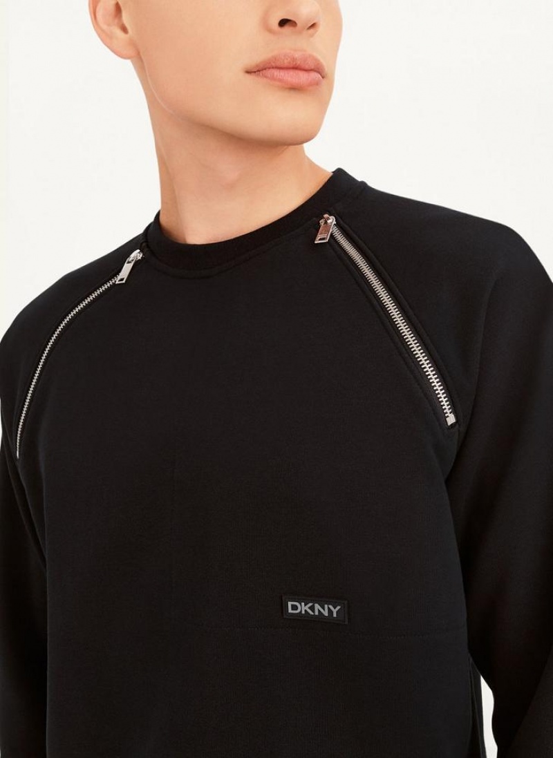Black DKNY Zipper Detail Crewneck Men's Sweatshirts | USA-D1633