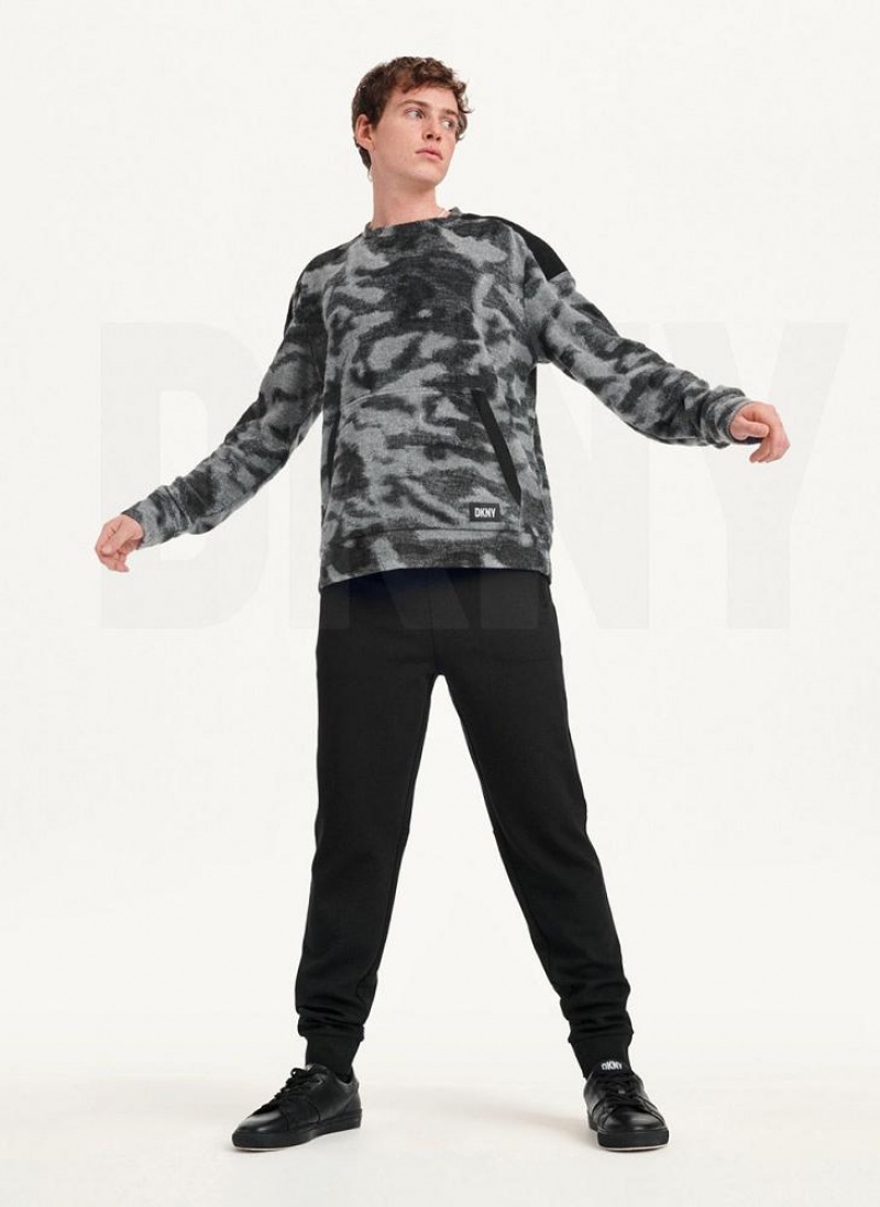Black Multicolor DKNY Camo Crewneck Men's Sweatshirts | USA-D0666