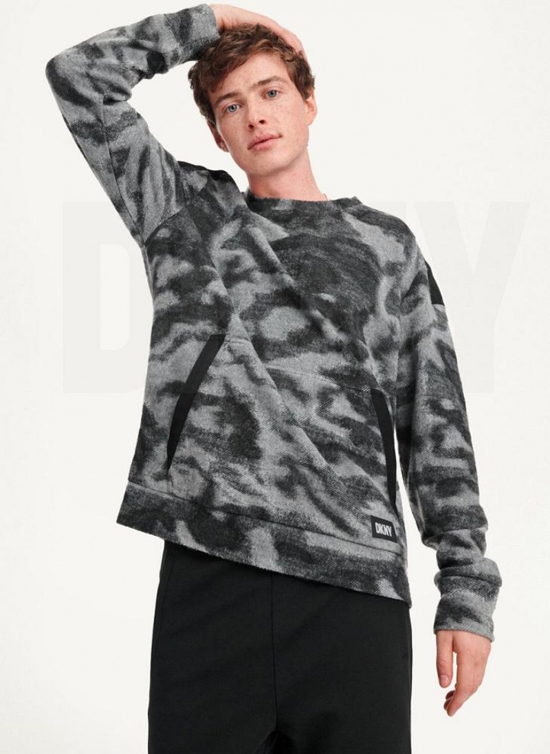 Black Multicolor DKNY Camo Crewneck Men's Sweatshirts | USA-D0666