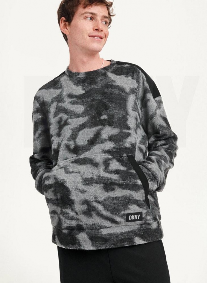Black Multicolor DKNY Camo Crewneck Men's Sweatshirts | USA-D0666