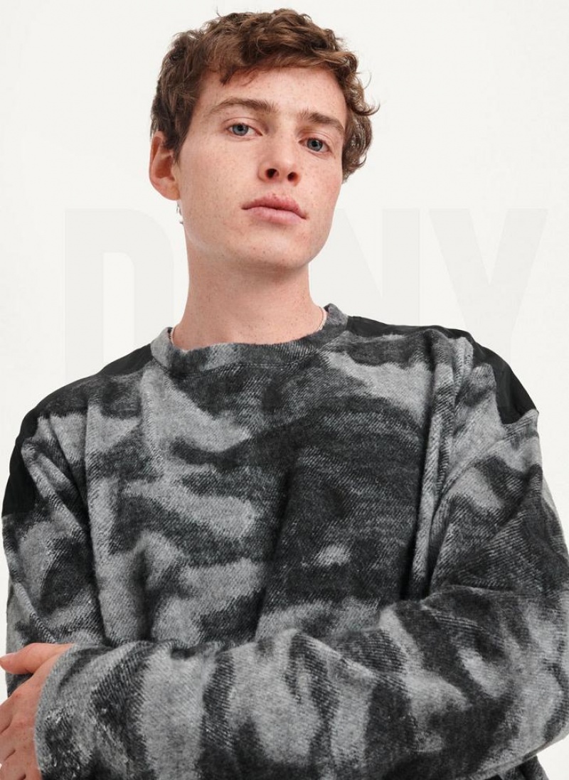 Black Multicolor DKNY Camo Crewneck Men\'s Sweatshirts | USA-D0666