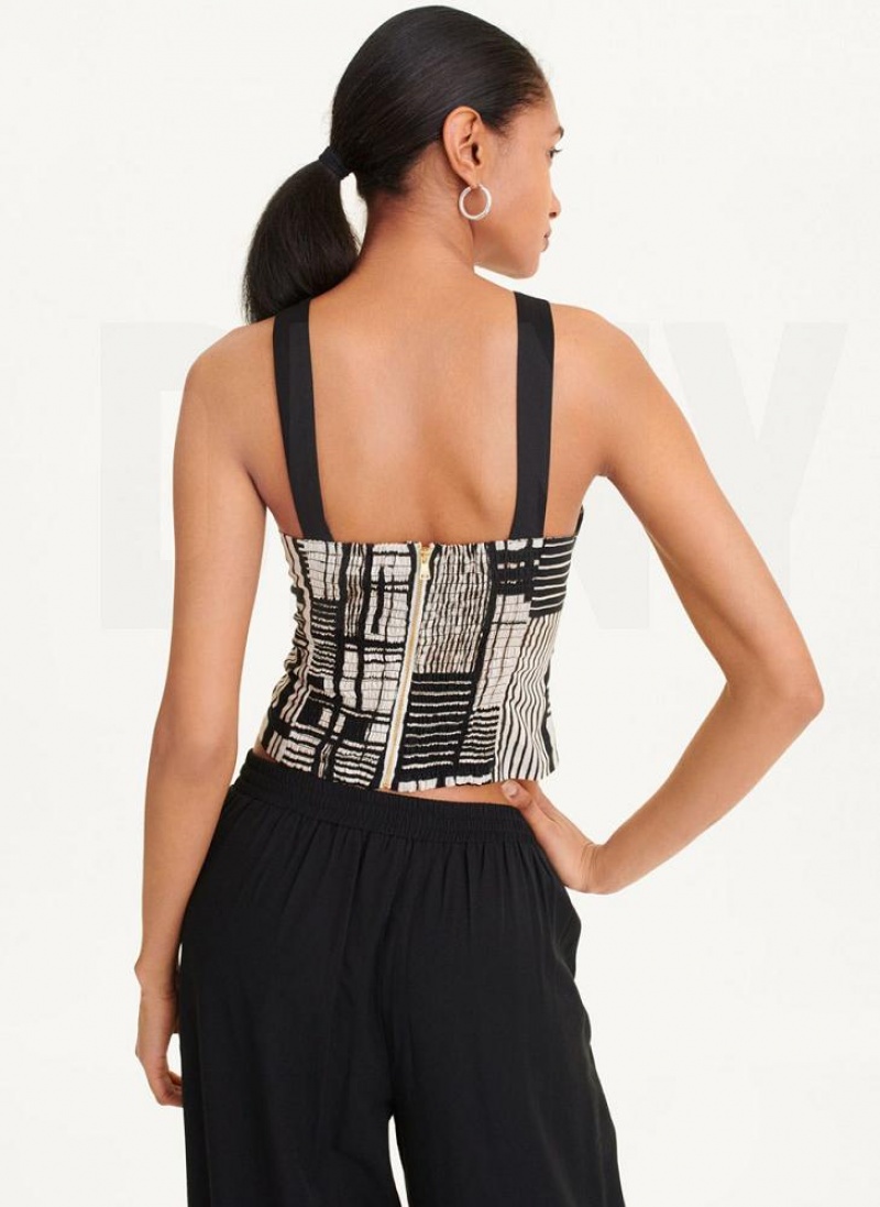 Black Multicolor DKNY Printed Voile Crop Women's Tank Tops | USA-D0996