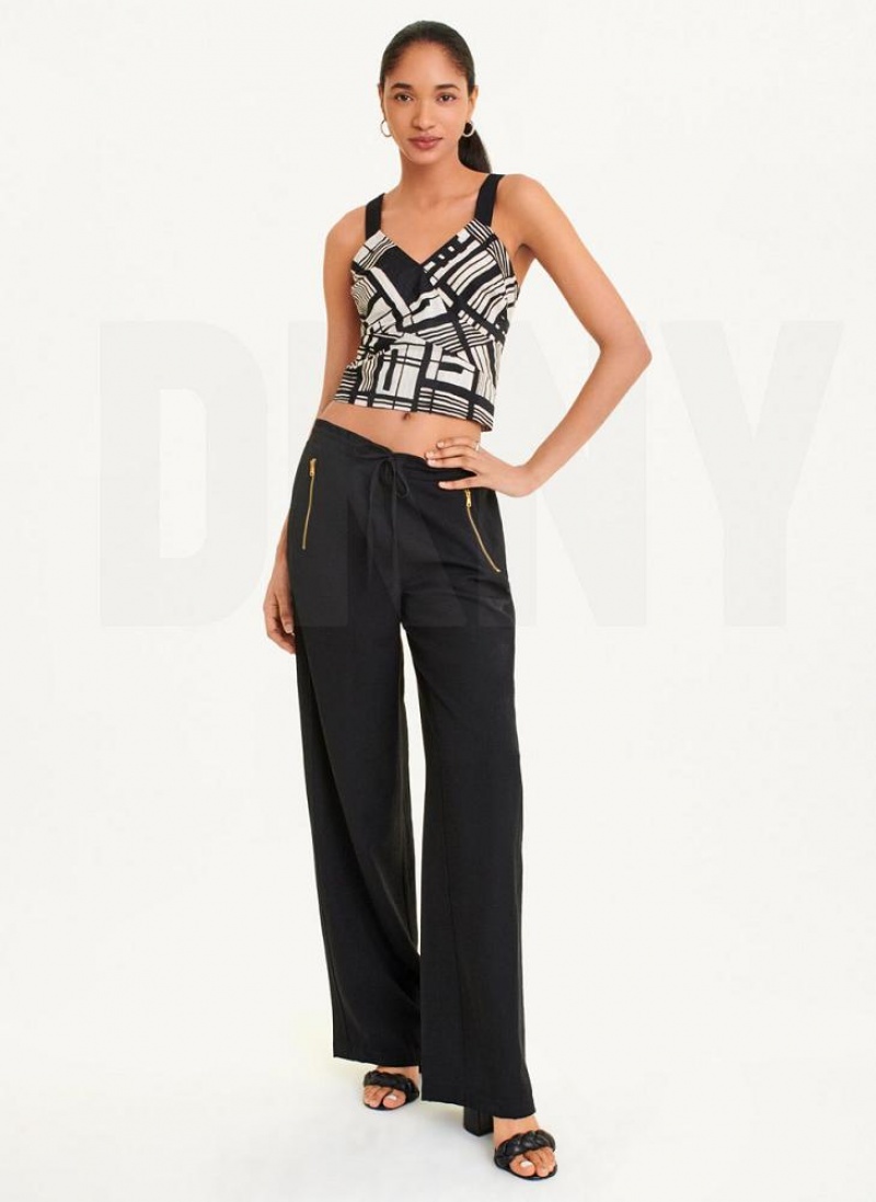 Black Multicolor DKNY Printed Voile Crop Women's Tank Tops | USA-D0996