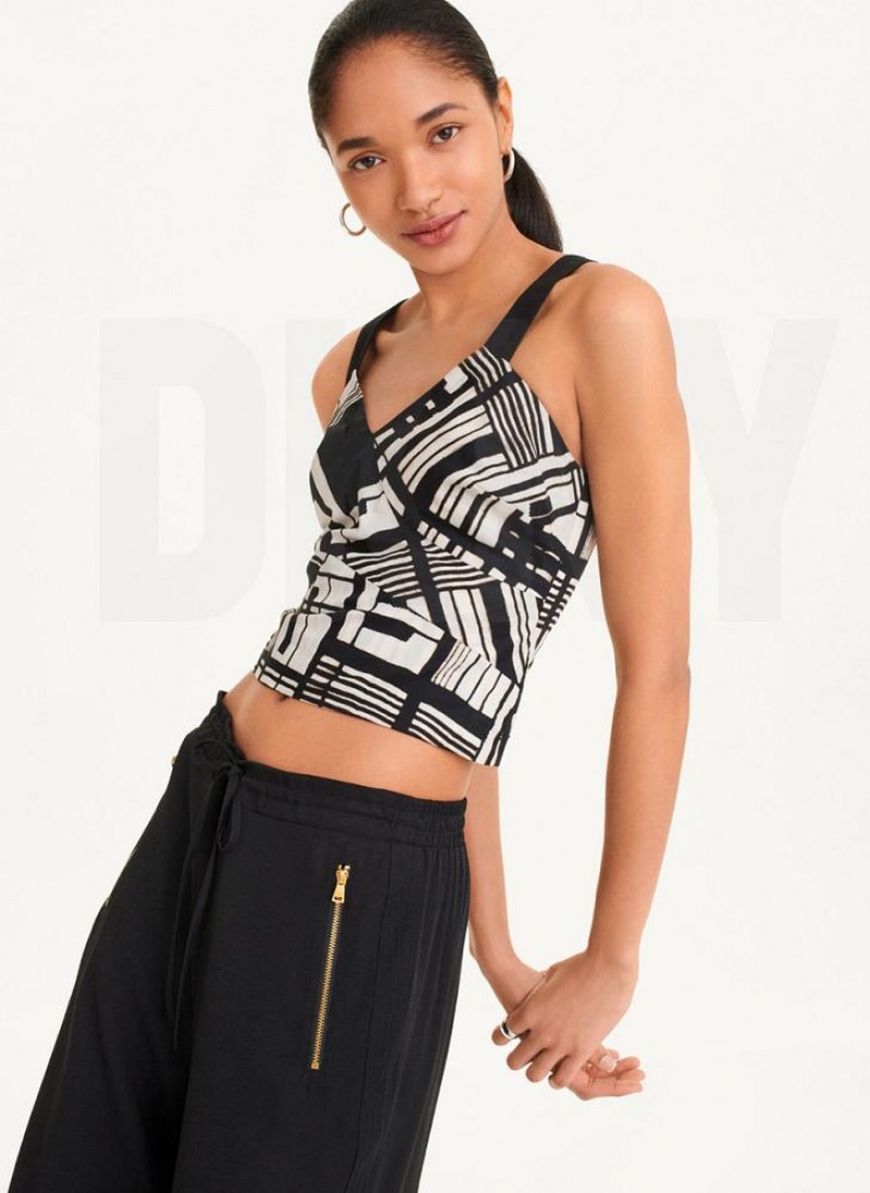 Black Multicolor DKNY Printed Voile Crop Women's Tank Tops | USA-D0996
