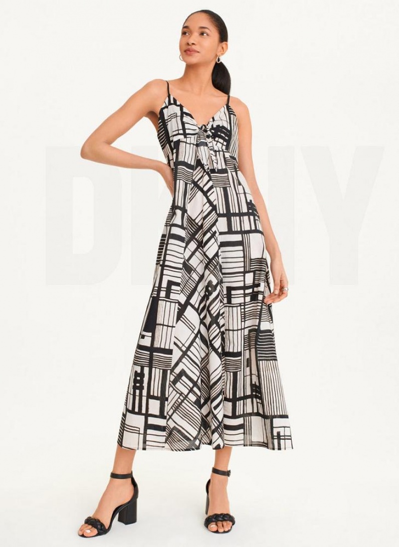 Black Multicolor DKNY Tie Front Voile Women's Dresses | USA-D1690