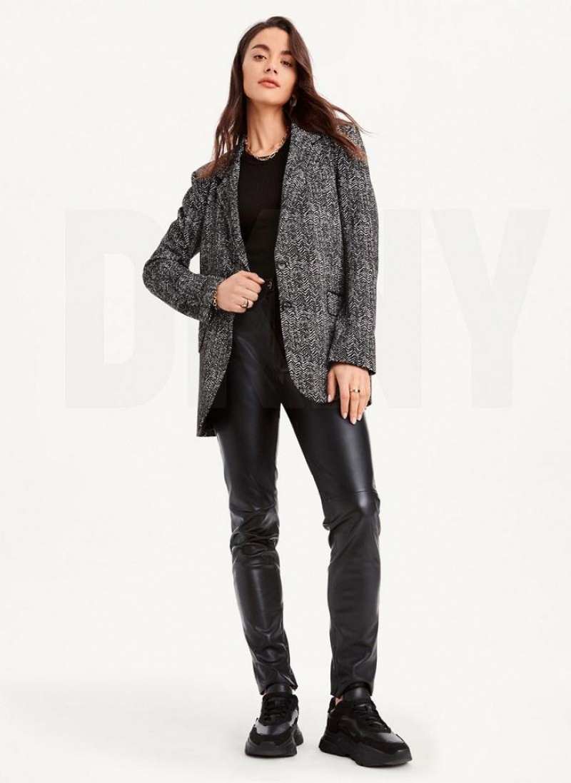 Black White DKNY Long Sleeve Trim Tailored Women's Jackets | USA-D1061