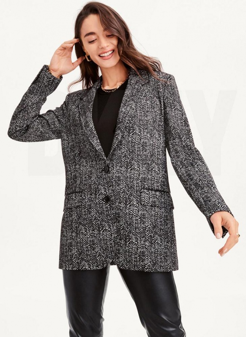 Black White DKNY Long Sleeve Trim Tailored Women's Jackets | USA-D1061