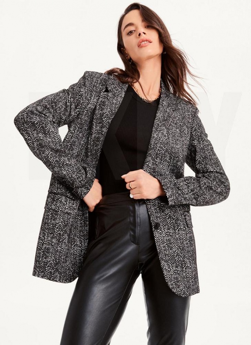 Black White DKNY Long Sleeve Trim Tailored Women\'s Jackets | USA-D1061