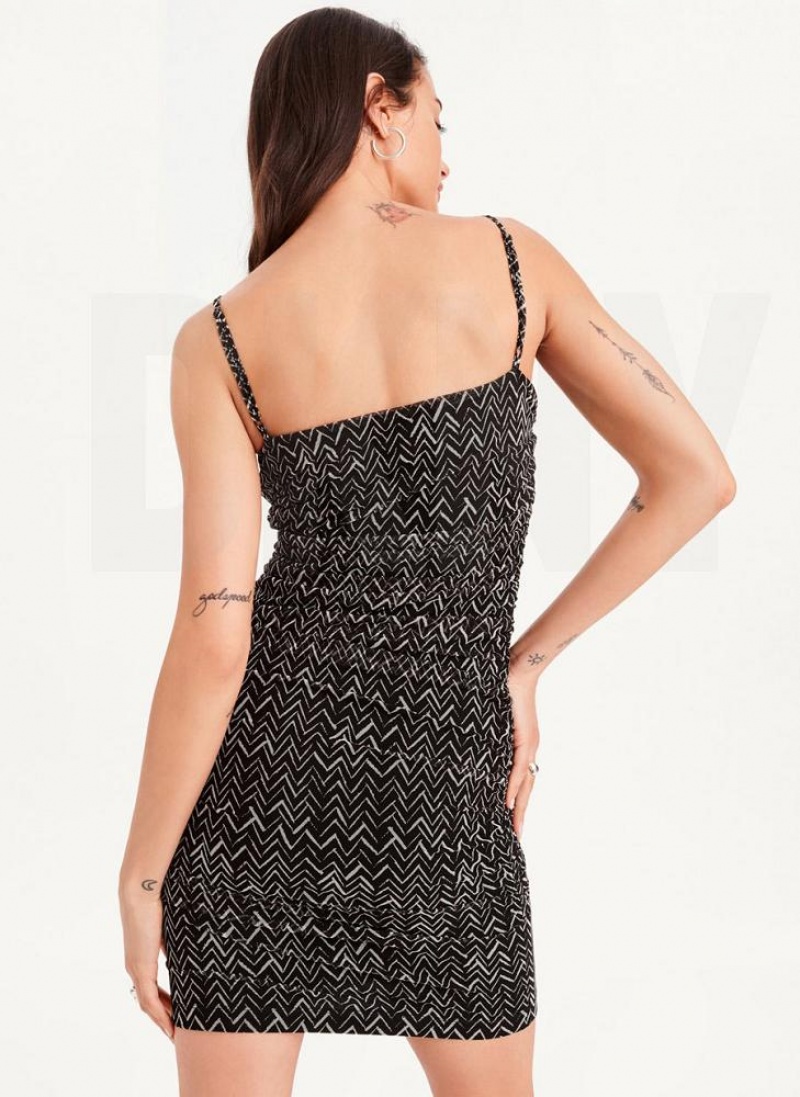 Black White DKNY Printed Cami Ruched Midi Women's Dresses | USA-D1797
