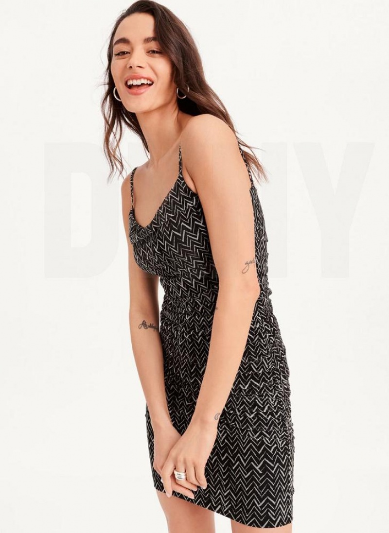 Black White DKNY Printed Cami Ruched Midi Women's Dresses | USA-D1797