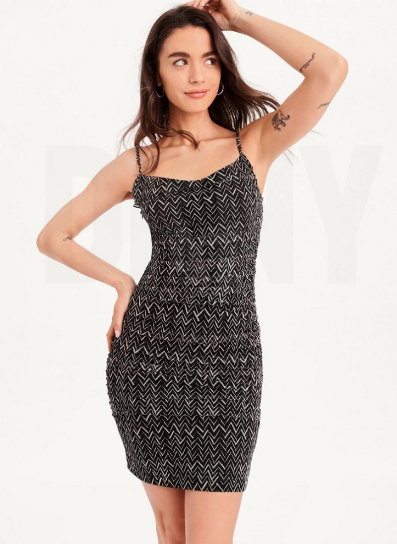 Black White DKNY Printed Cami Ruched Midi Women\'s Dresses | USA-D1797