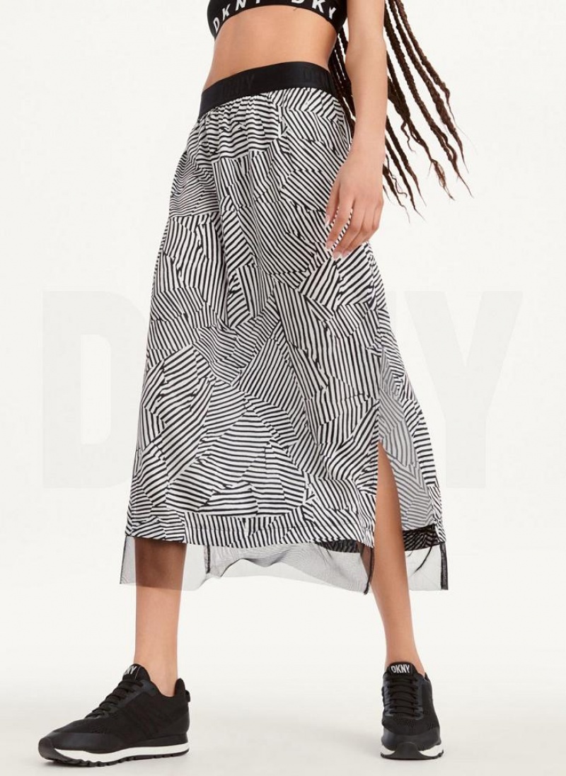 Black White DKNY Printed Pull On With Tulle Hem Women's Skirts | USA-D0176