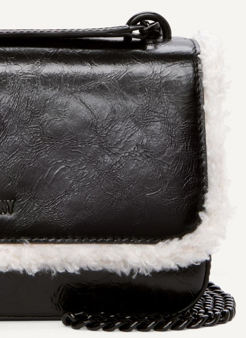 Black / Beige DKNY Sina Sherpa Trim Flap Bags Shoulder Bags | USA-D0786