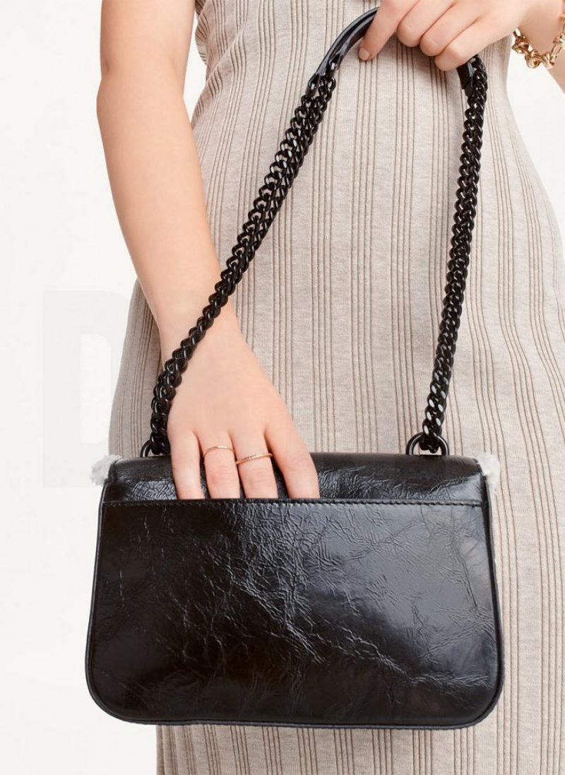 Black / Beige DKNY Sina Sherpa Trim Flap Bags Shoulder Bags | USA-D0786