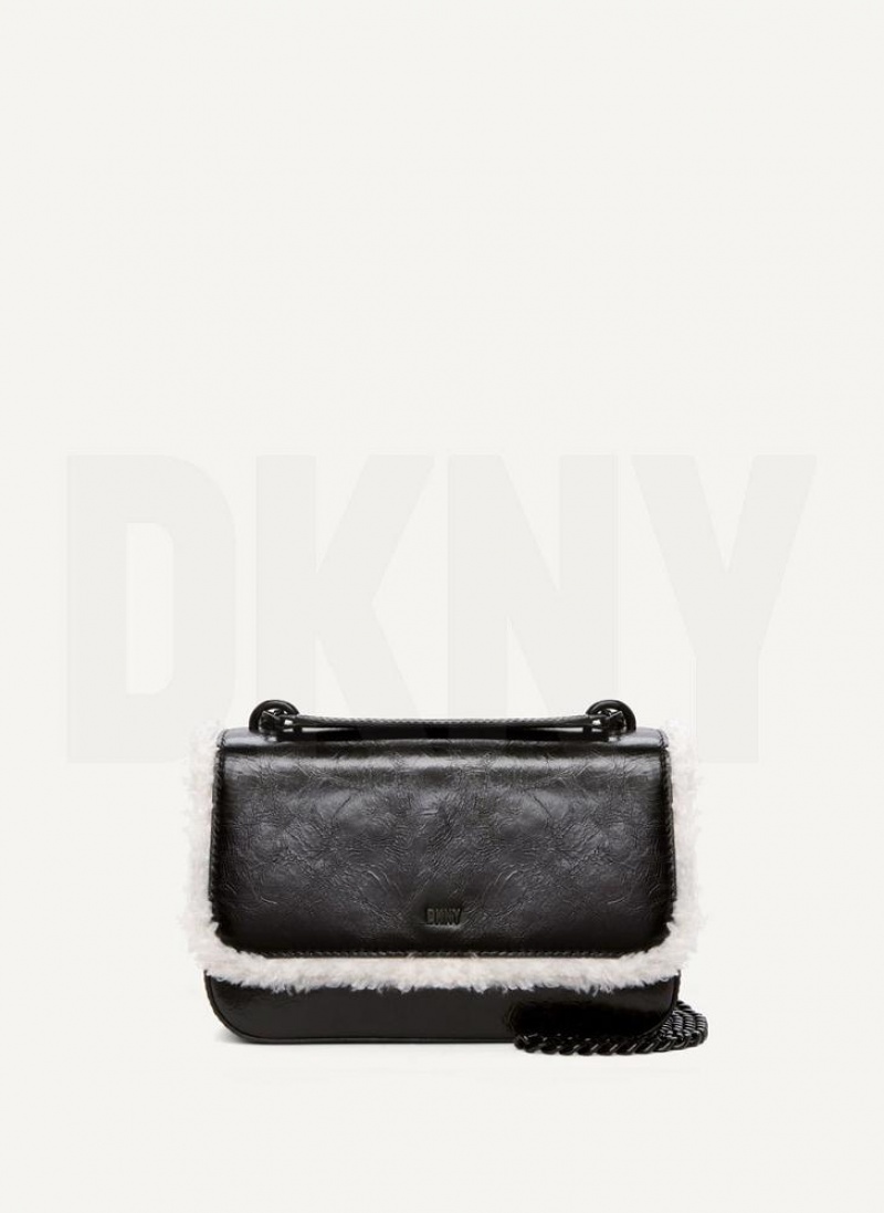 Black / Beige DKNY Sina Sherpa Trim Flap Bags Shoulder Bags | USA-D0786