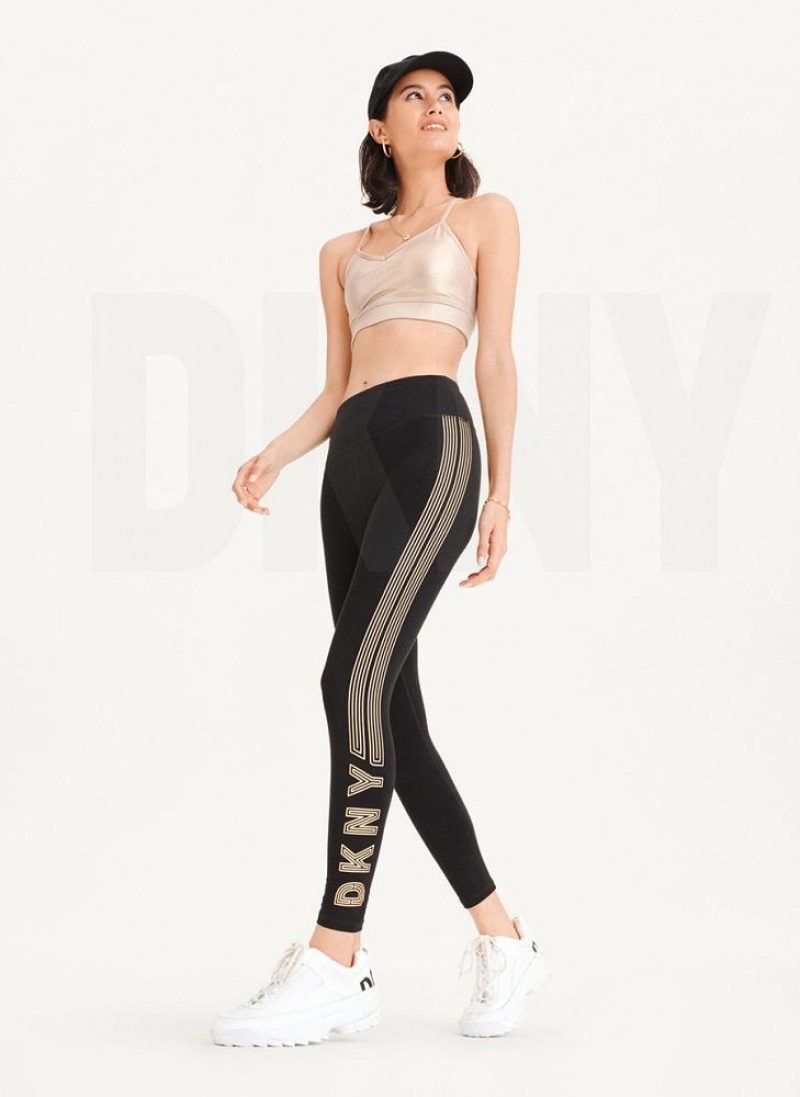 Black / Gold DKNY High Waist Full Length High Density Logo Women's Leggings | USA-D1669