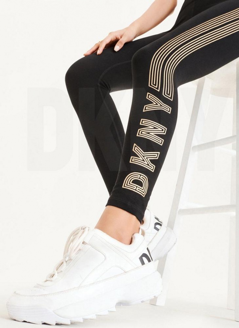 Black / Gold DKNY High Waist Full Length High Density Logo Women's Leggings | USA-D1669