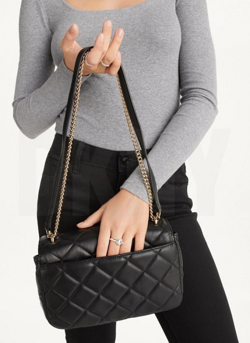 Black / Gold DKNY Lara Large Quilted Bags Shoulder Bags | USA-D1372