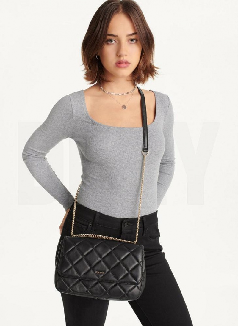Black / Gold DKNY Lara Large Quilted Bags Shoulder Bags | USA-D1372