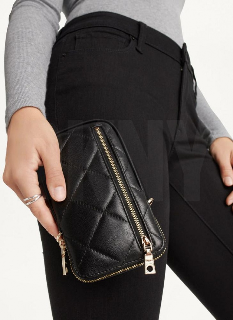 Black / Gold DKNY Quilted Phone Bags Crossbody Bags | USA-D1554