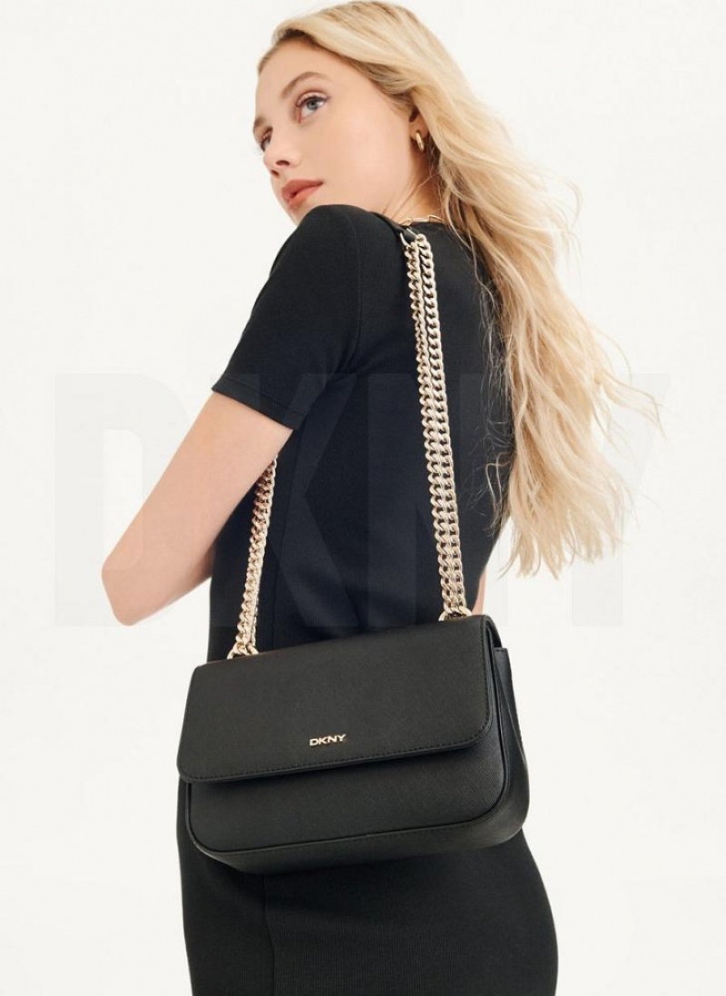 Black / Gold DKNY Sina Flap Bags Shoulder Bags | USA-D0668