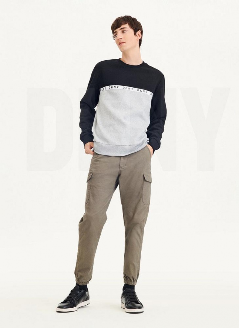 Black / Grey DKNY Logo Fleece Crew Men's Sweatshirts | USA-D0791