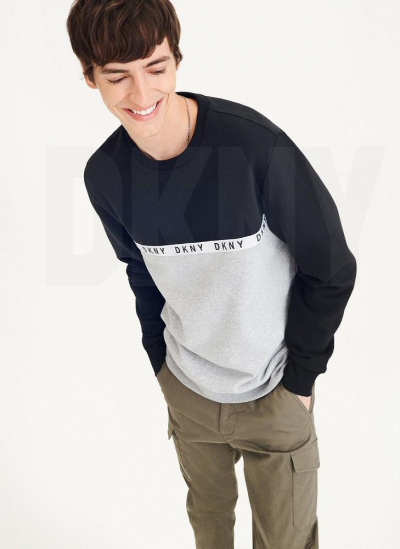 Black / Grey DKNY Logo Fleece Crew Men's Sweatshirts | USA-D0791