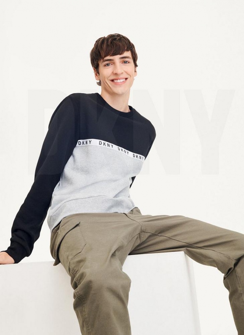 Black / Grey DKNY Logo Fleece Crew Men's Sweatshirts | USA-D0791