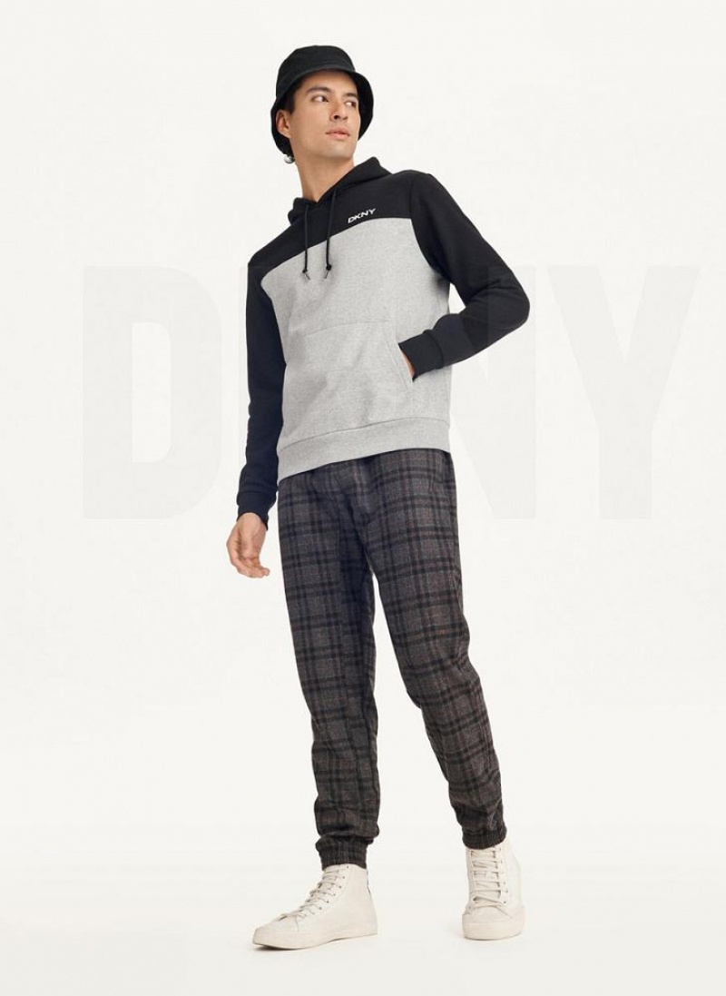 Black / Grey DKNY Logo Fleece Men's Hoodies | USA-D1575