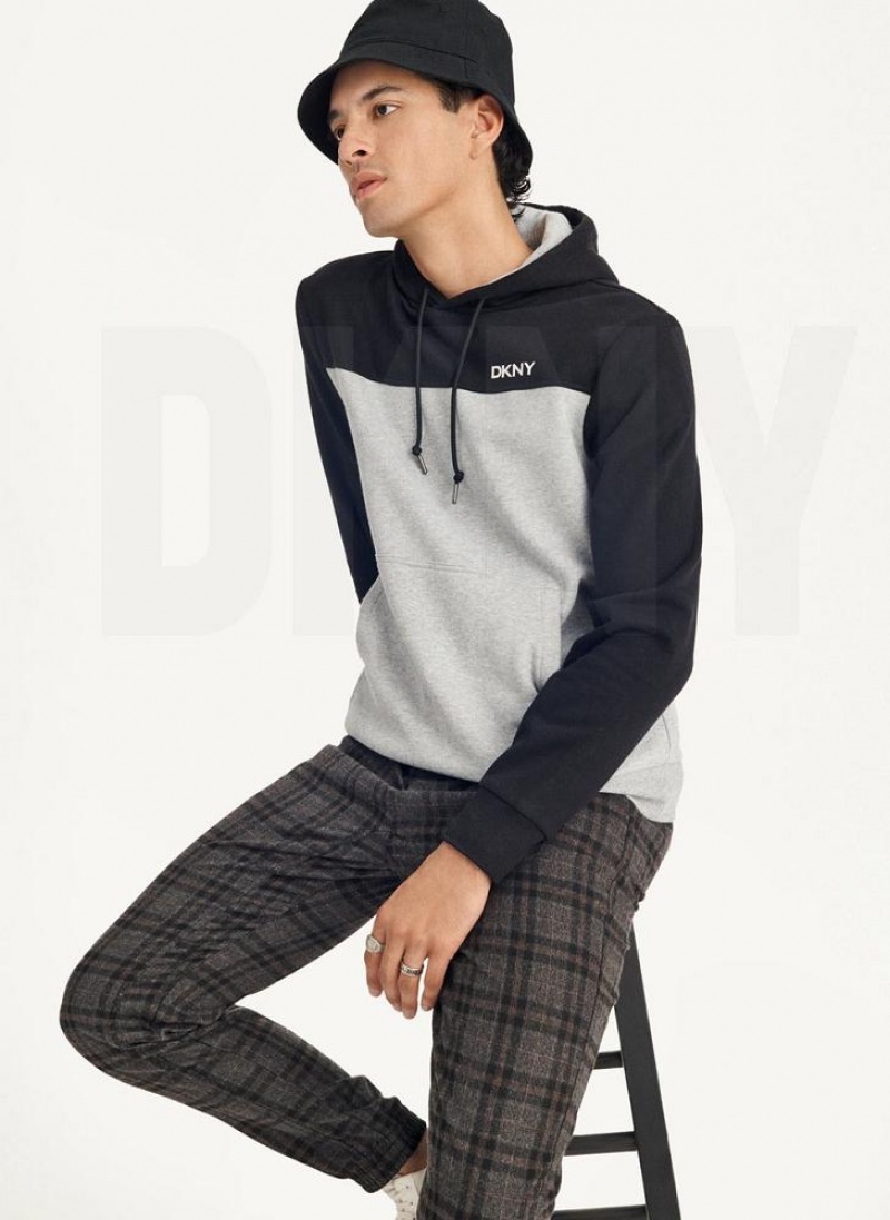 Black / Grey DKNY Logo Fleece Men's Hoodies | USA-D1575