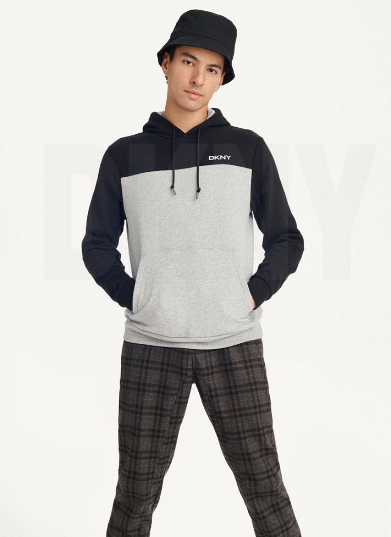 Black / Grey DKNY Logo Fleece Men's Hoodies | USA-D1575
