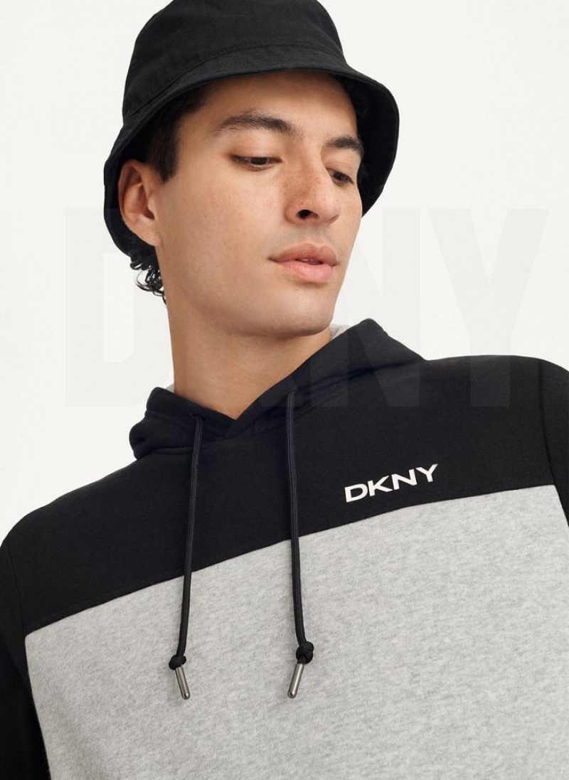 Black / Grey DKNY Logo Fleece Men's Hoodies | USA-D1575