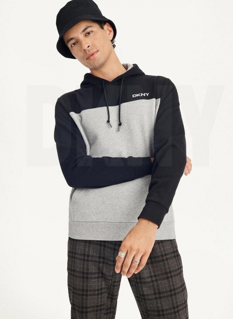 Black / Grey DKNY Logo Fleece Men\'s Hoodies | USA-D1575
