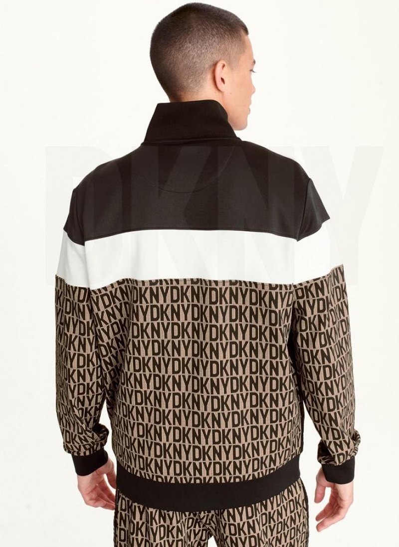 Black / Khaki DKNY Colorblock Logo Track Jacket Men's Sweatshirts | USA-D1520