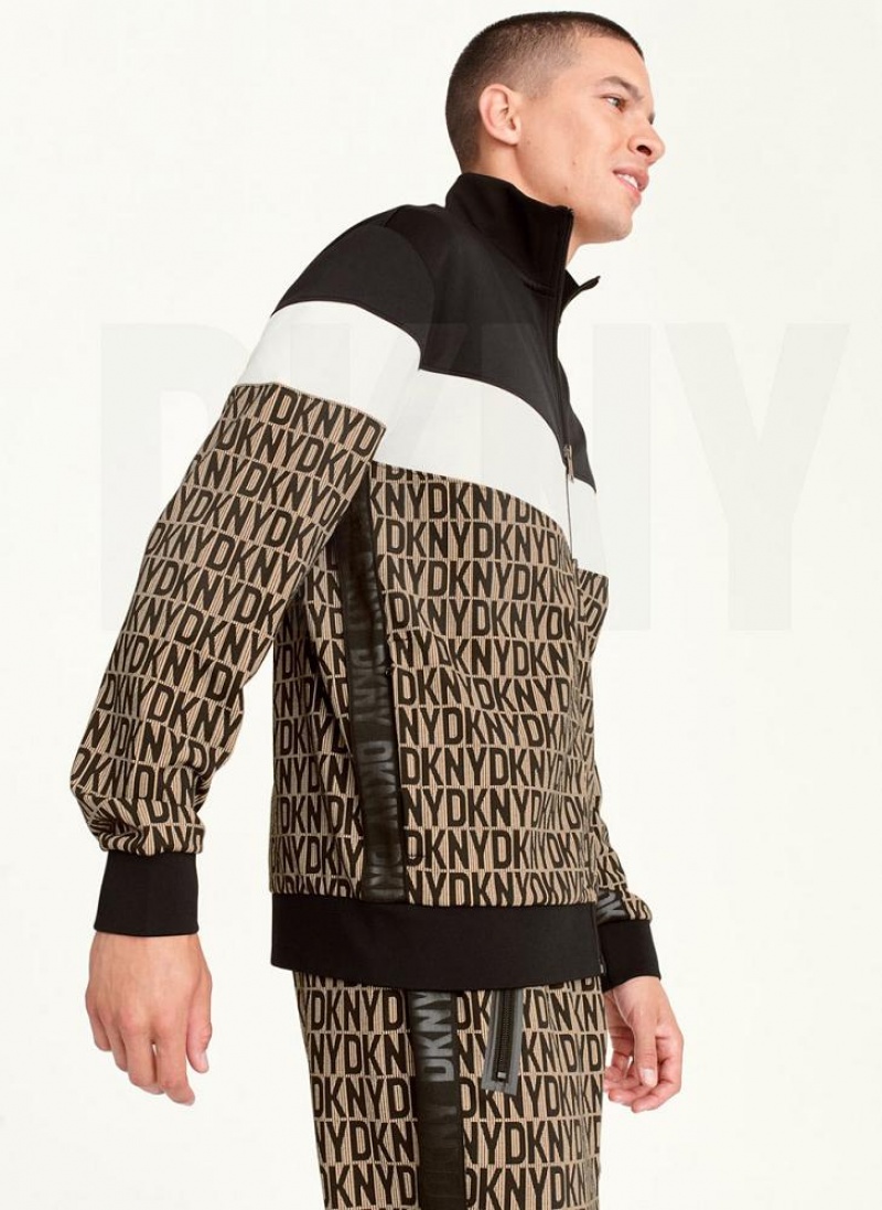 Black / Khaki DKNY Colorblock Logo Track Jacket Men's Sweatshirts | USA-D1520