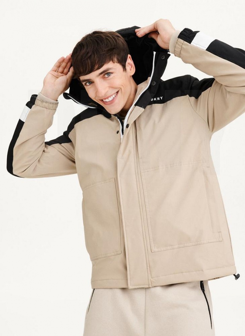 Black / Khaki DKNY Traveler Hooded Rain Men's Jackets | USA-D0673