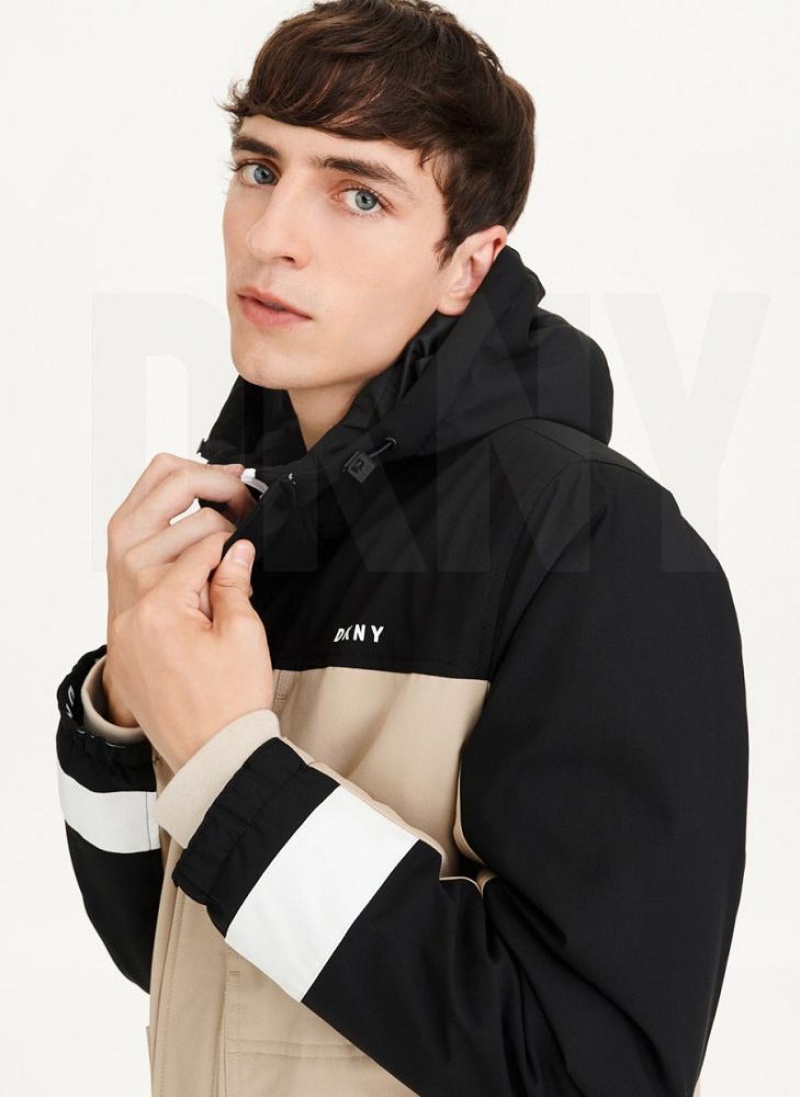 Black / Khaki DKNY Traveler Hooded Rain Men's Jackets | USA-D0673