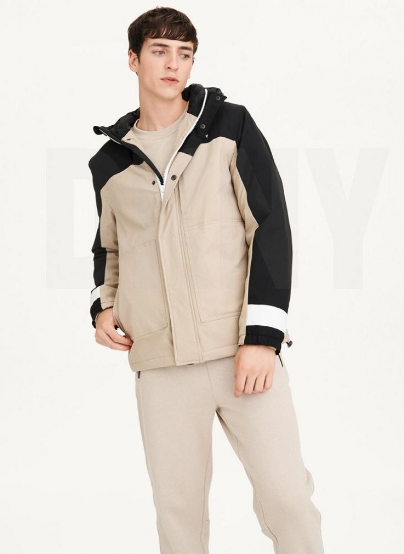 Black / Khaki DKNY Traveler Hooded Rain Men\'s Jackets | USA-D0673