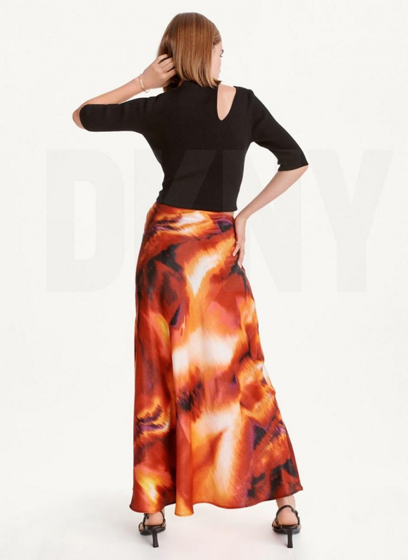 Black / Multicolor DKNY Printed Satin Ruched Maxi Women's Skirts | USA-D1260