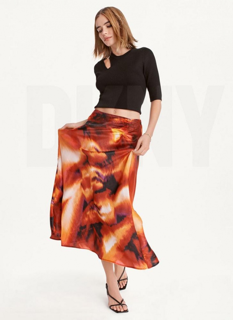 Black / Multicolor DKNY Printed Satin Ruched Maxi Women's Skirts | USA-D1260