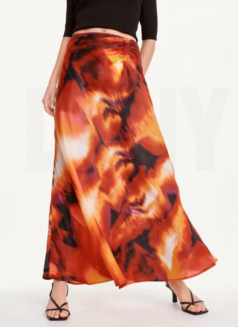 Black / Multicolor DKNY Printed Satin Ruched Maxi Women\'s Skirts | USA-D1260