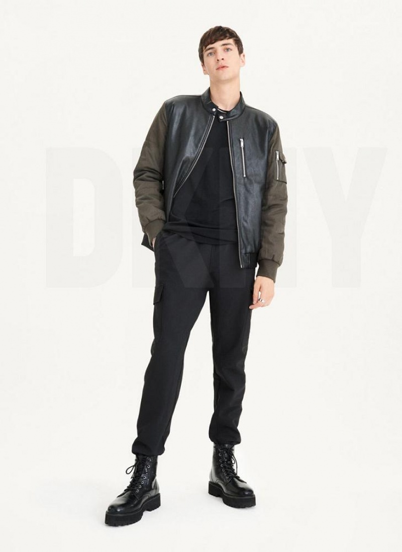 Black / Olive DKNY Mixed Media Faux Leather Bomber Men's Jackets | USA-D0221