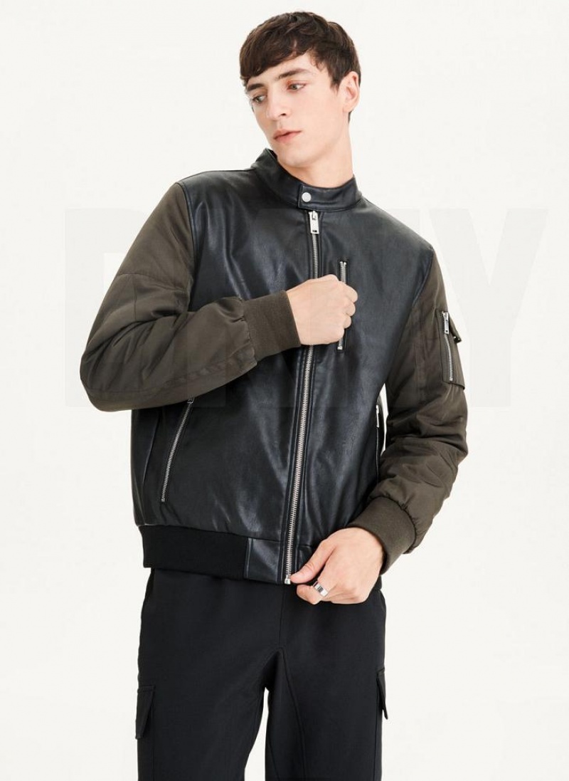 Black / Olive DKNY Mixed Media Faux Leather Bomber Men's Jackets | USA-D0221