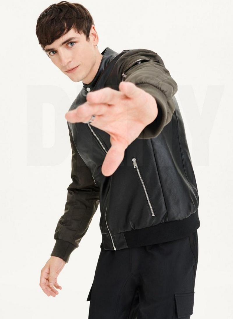 Black / Olive DKNY Mixed Media Faux Leather Bomber Men's Jackets | USA-D0221
