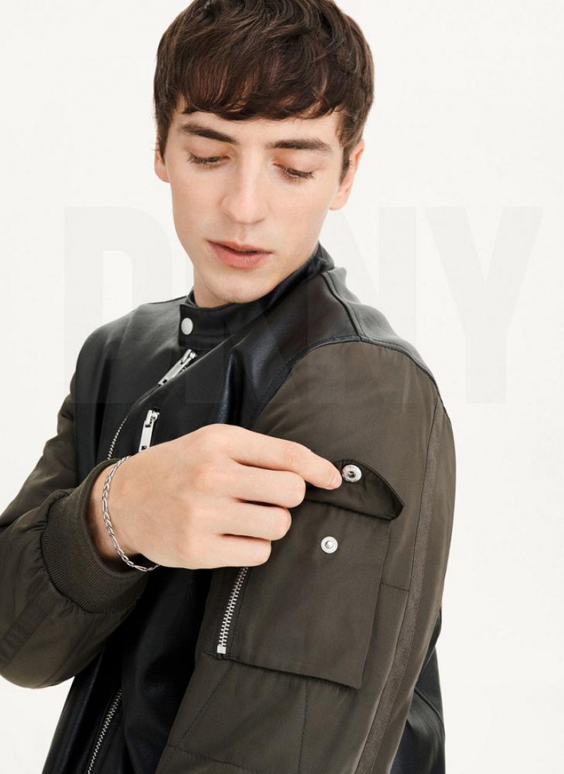 Black / Olive DKNY Mixed Media Faux Leather Bomber Men's Jackets | USA-D0221