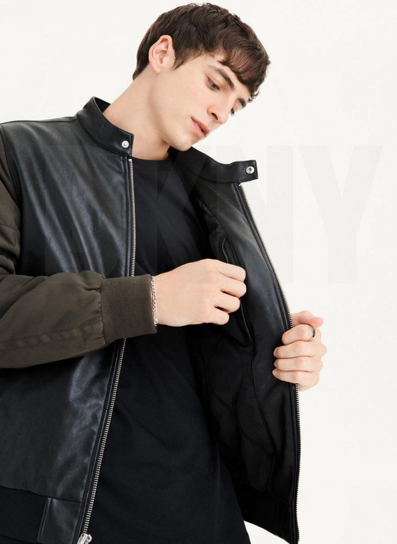Black / Olive DKNY Mixed Media Faux Leather Bomber Men's Jackets | USA-D0221