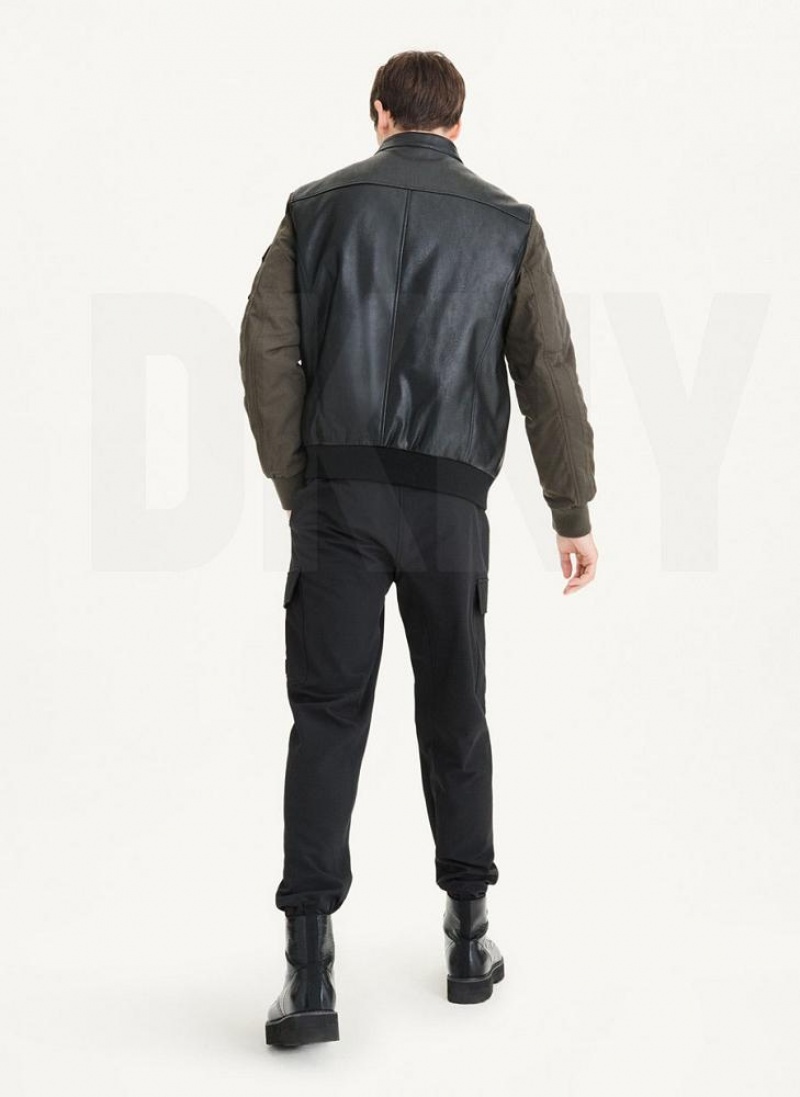 Black / Olive DKNY Mixed Media Faux Leather Bomber Men's Jackets | USA-D0221