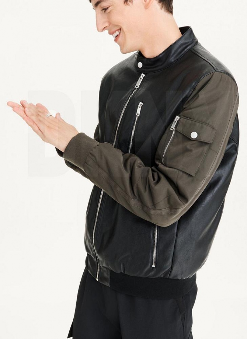 Black / Olive DKNY Mixed Media Faux Leather Bomber Men\'s Jackets | USA-D0221