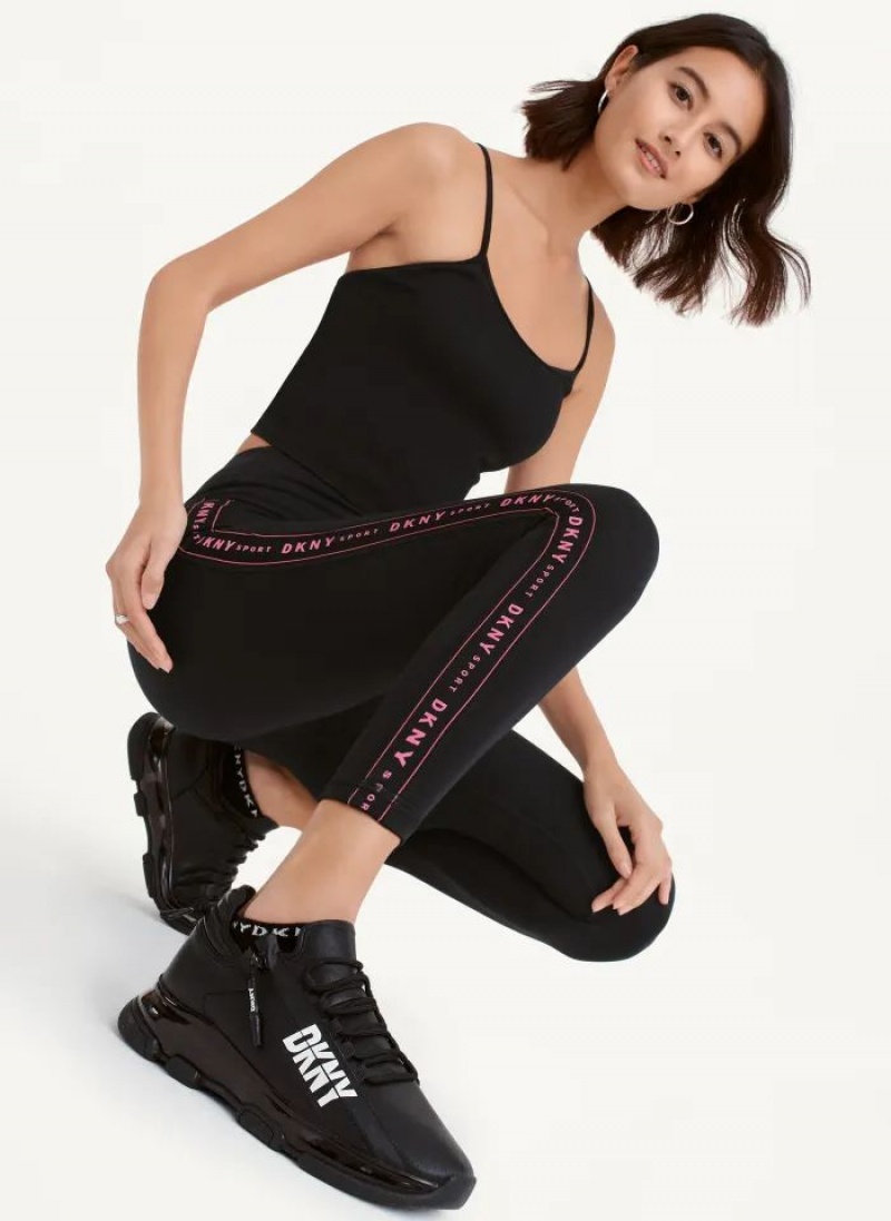 Black / Pink DKNY High Waist 7/8 Tight with Logo Taping Women's Leggings | USA-D0897